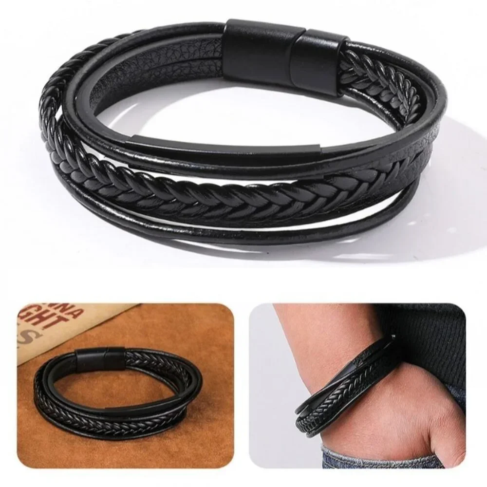Vault Ableman Five Layer Metal Accent Leather Clasp Bracelet Black Gift Boxed